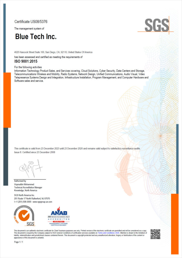 Blue Tech's ISO 9001:2015, renewed in 2023.